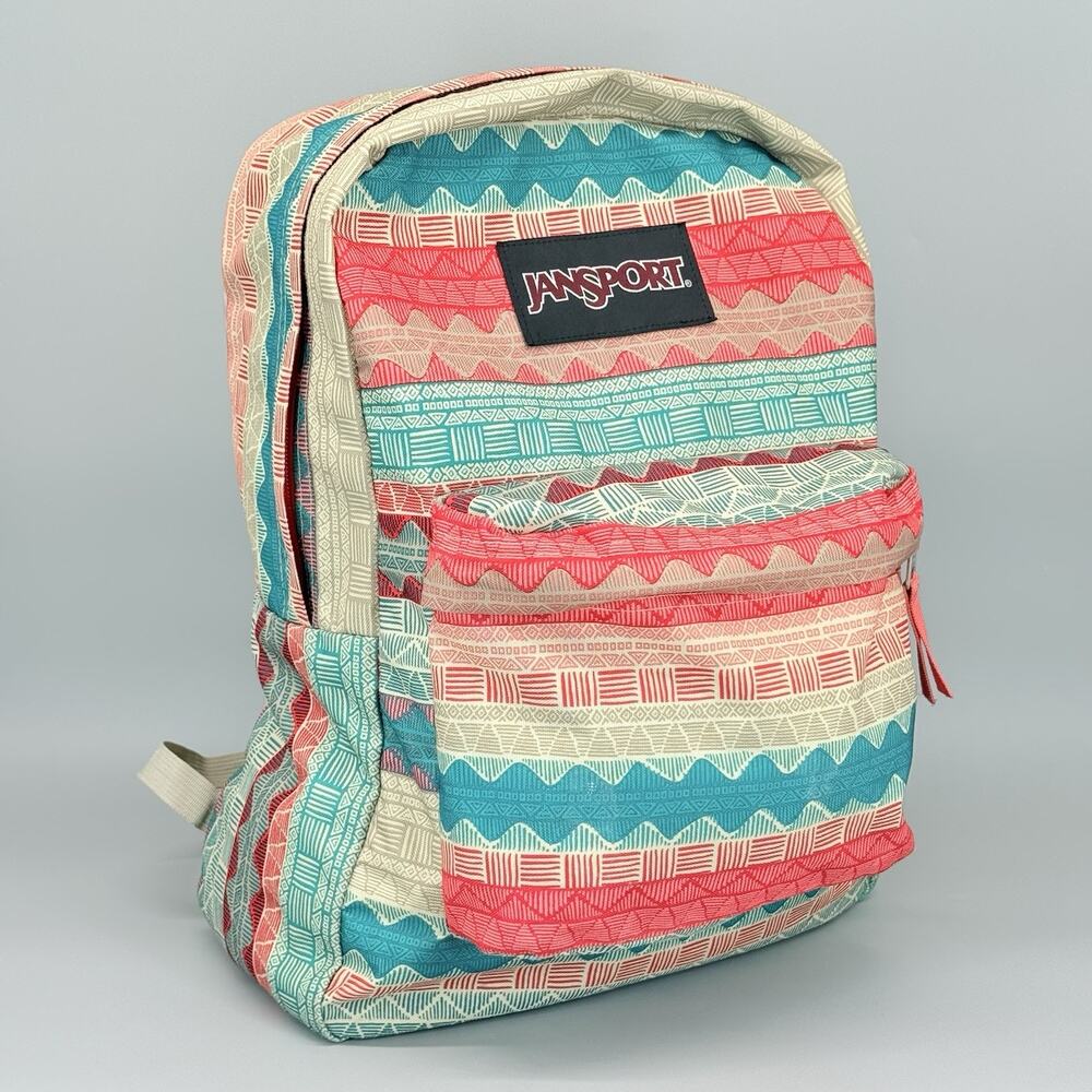 JanSport Digibreak Coral Teal Malt Tan Boho Stripe Backpack Bag TWK8
